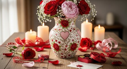 Obraz premium Romantic floral arrangement with lit candles and sweet treats suggests an intimate celebration.