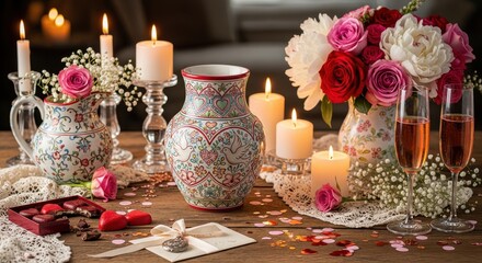Fototapeta premium Romantic setting features decorative ceramic vases, lit candles, fresh flowers, and sparkling wine on a wooden table
