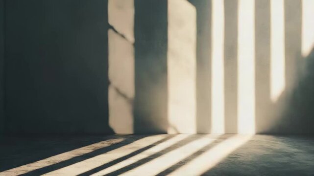 Sunlight beams cast strong vertical and horizontal shadows across a raw concrete floor and wall in an empty minimalist room, evoking time, solitude, and stark geometry