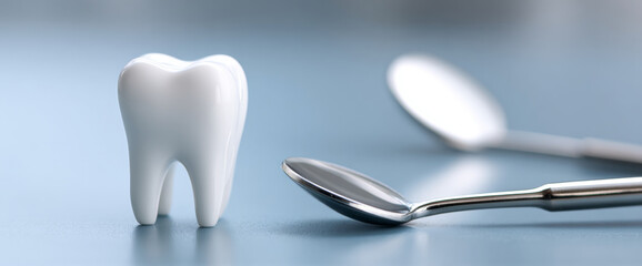 Close-up of a white ceramic tooth model with dental mirrors on a blue surface representing dental care and oral health examination