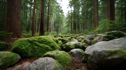 Fototapeta premium A forest path covered in mossy rocks leads through tall evergreen trees