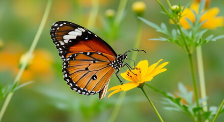 Obraz premium Orange butterfly on orange cosmos flowers