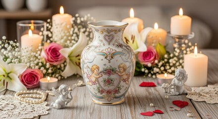 Fototapeta premium Ornate porcelain vase surrounded by lit candles, roses, lilies, and romantic decorative elements on weathered wood