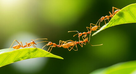 Obraz premium Ant action standing.Ant bridge unity team,Concept team work together Red ant,Weaver Ants (Oecophylla smaragdina), Action of ant carry food.