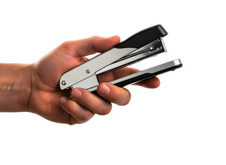 Hand holding a stapler isolated on transparent background
