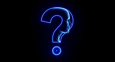 Blue neon question mark combined with face silhouette on black, representing the concept of uncertainty, knowledge and search for answer or exploration