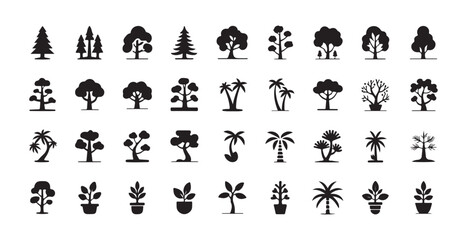 Obraz premium Trees silhouette collection with different forest and park plant species in black isolated on white