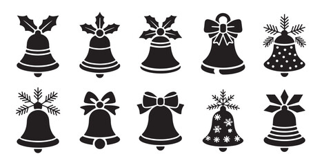 Collection of christmas bells with festive adornments like holly and bows on white background vector set