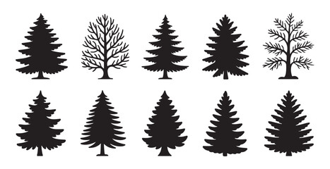 Assortment of evergreen trees and deciduous trees in silhouette for nature designs