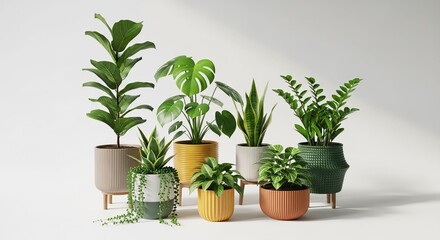 Obraz premium Collection of various potted houseplants including Fiddle Leaf Fig and Monstera in modern decorative pots isolated on a white background for interior design