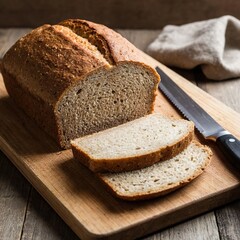 Fresh whole grain bread cut into slices lies in a cutting board and knife.