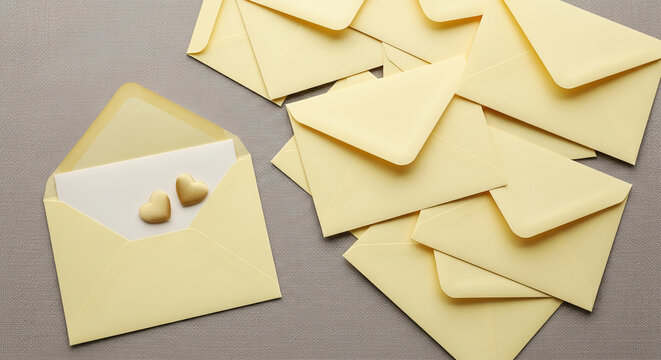 Aerial shot of pale yellow envelopes on a gray surface, one open with two heart shapes. Represents a message of love and affection, Valentine's Day