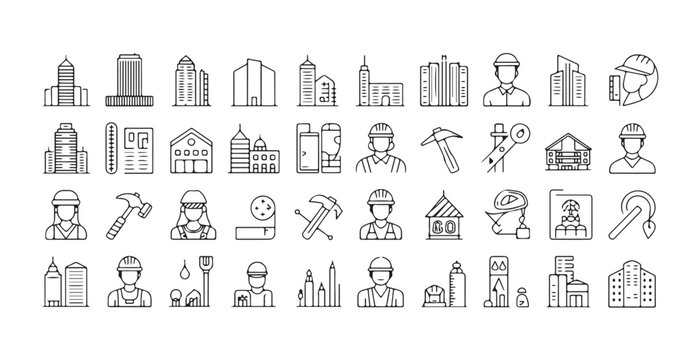 Construction workers and buildings, tools and plans, architecture and urban development, industry icons