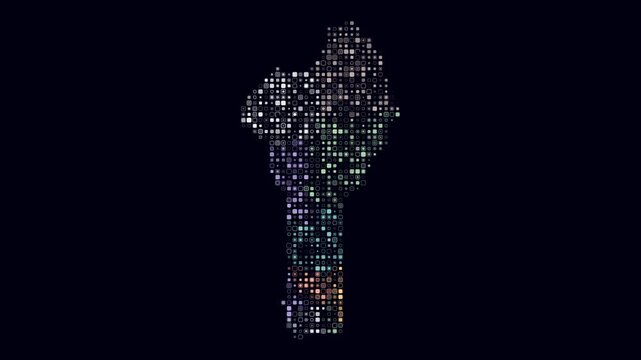 Benin map animation. Shape of the country with pulsating colored dots. Small size rounded square blocks. Digital style Benin map on dark background. Abstract video.
