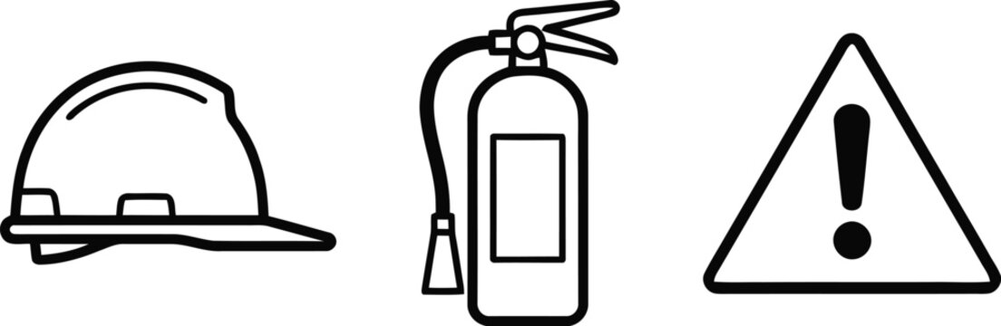 Construction safety icons: hard hat, fire extinguisher, and warning triangle with exclamation mark.