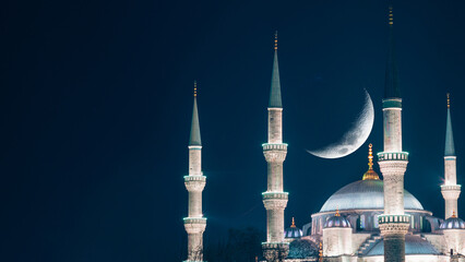 Naklejka premium Blue Mosque and crescent moon. Ramadan or islamic concept