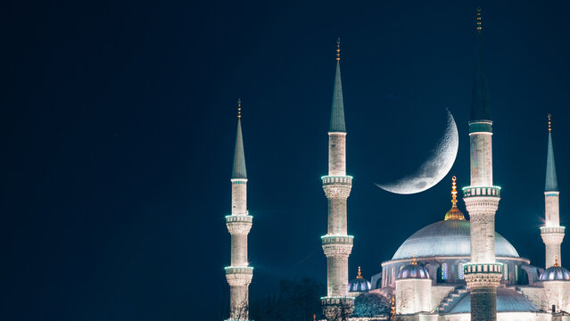Blue Mosque and crescent moon. Ramadan or islamic concept