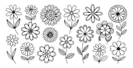 Abstract floral collection hand drawn style black outline botanical illustration decorative elements set