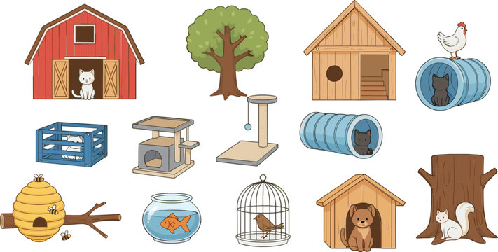 Pet and farm animal shelter vector set with barn, cages, cat house, dog kennel and accessories illustration