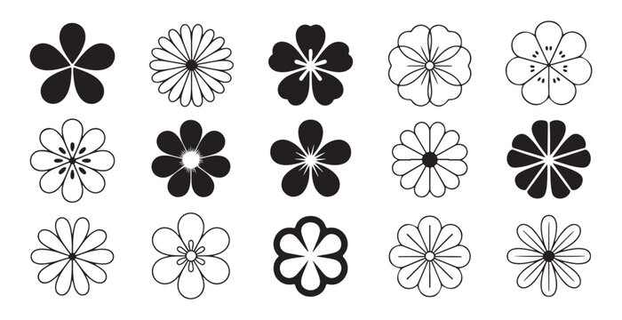 Minimalist flower icons set monochrome floral symbols nature vector design element collection graphic