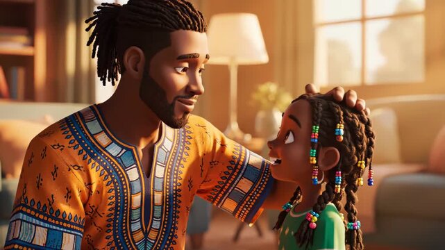 Animated Scene of Black Father Comforting and Embracing His Young Daughter in a Warm, Sunny Living Room, Showing Love and Emotional Connection.