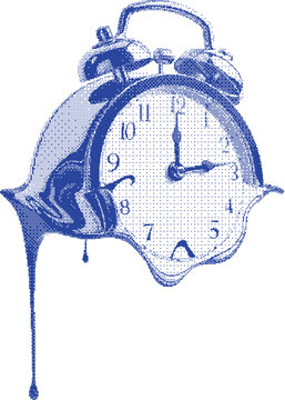 Halftone melting alarm clock surreal time concept illustration in blue halftone style