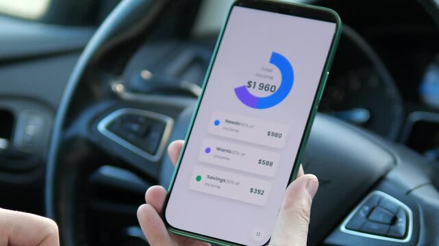 a driver using a mobile budget tracker to plan expenses. Footage shows entering 2000 dollarsincome and an instant pie chart result. Ideal for videos about smart lifestyle, digital nomadism, money