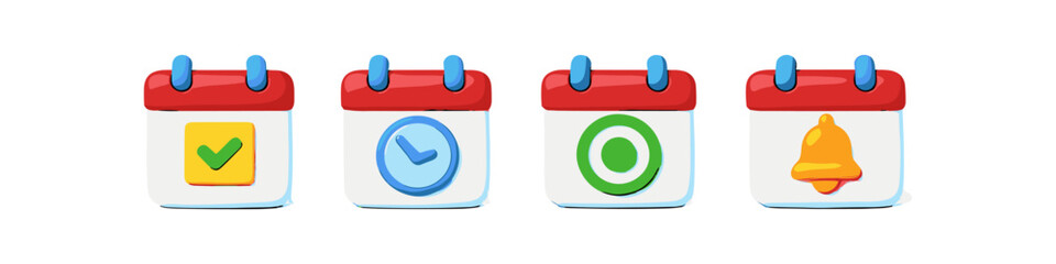 Set of four calendar icons representing tasks, time, goals, and notifications