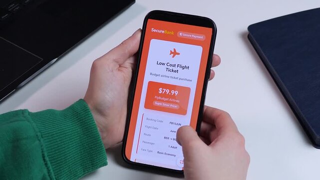 Buying cheap airline tickets on the go. Smartphone screen displays a secure flight booking interface with budget pricing. Perfect for travel agency promos, mobile banking ads, and e-commerce lifestyle