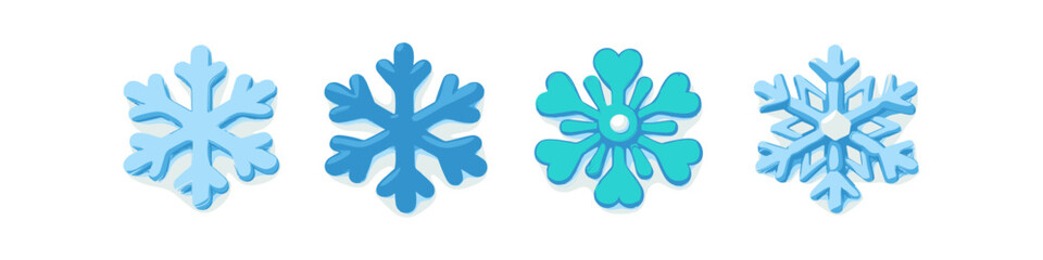 Collection of four stylized snowflakes in various shades of blue and teal