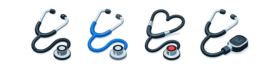 Collection of diverse stethoscopes in isometric view, symbolizing healthcare and medical care