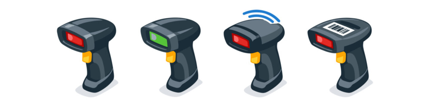 Set of four isometric barcode scanners showing different functions and states