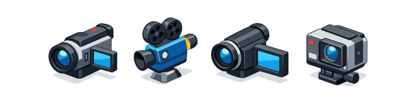 Collection of four different types of video cameras in isometric view
