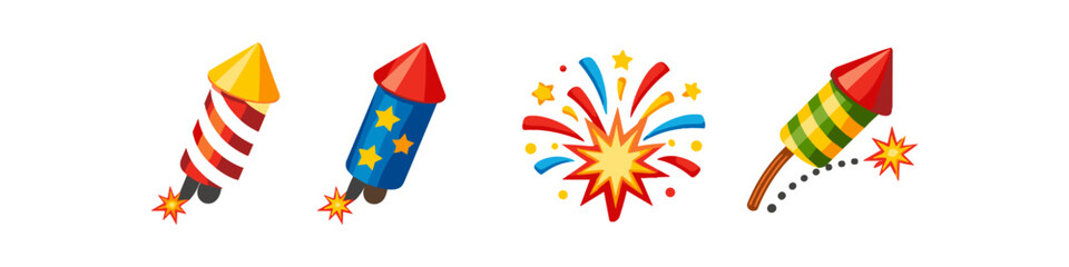 Fototapeta premium Collection of colorful cartoon fireworks rockets and explosions on a white background