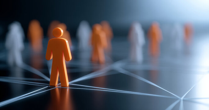 Orange and white human figures connected by network lines representing social connections and communication in a digital environment
