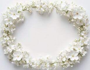 Delicate white flowers on a white background. Spring frame. Space for text. Color of the Year 2026, Cloud Dancer.