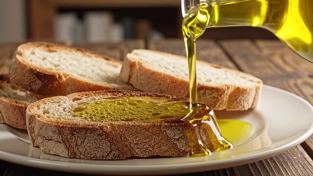 Slices of bread with oil being poured