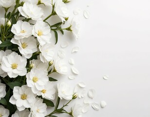 Delicate white flowers on a white background. Spring frame. Space for text. Color of the Year 2026, Cloud Dancer.