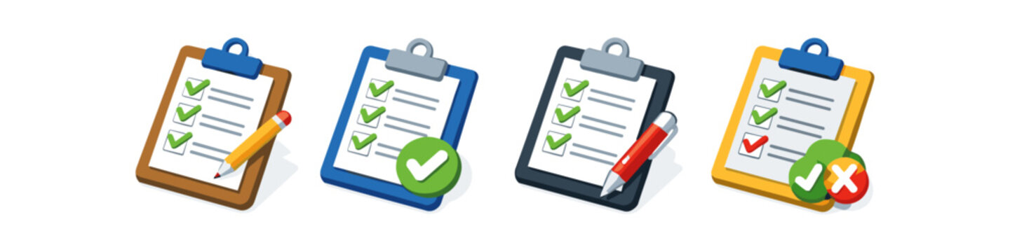 Set of four clipboards with checkmarks, pencils, and status icons