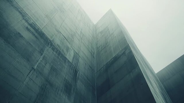 Imposing brutalist concrete architecture forming strong geometric shapes and angular perspectives, creating a powerful, abstract, and monumental urban landscape under an overcast sky