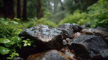 Obraz premium A close up view of wet textured rocks and vibrant green foliage glistening with moisture in a serene deep forest