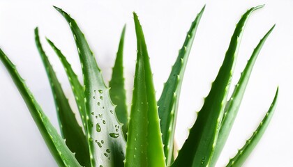 Fototapeta premium Fresh Organic Aloe Vera Plant Leaves Green Herb Closeup On A White Background