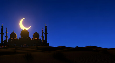 Obraz premium Serene desert mosque silhouette under crescent moon at dusk