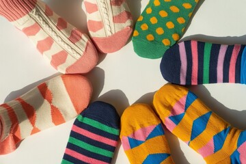 Obraz premium Four pairs of colorful, brightly colored knitted socks, socks laid out on a light surface. Lifestyle photography, bright patterns and colors