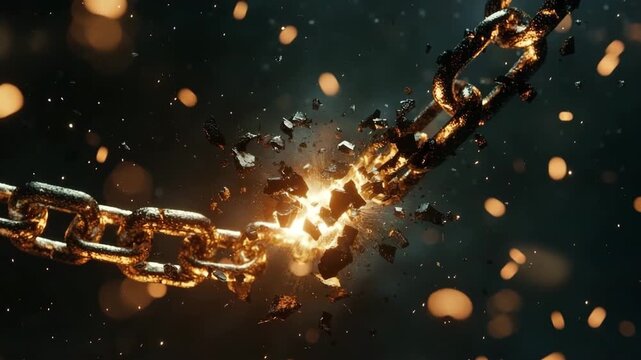 Chains break apart with bright sparks flying in mid air