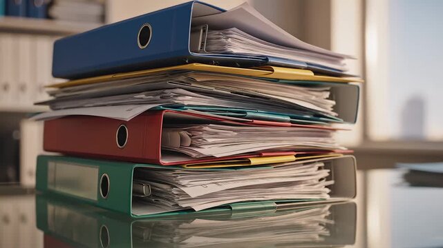 Stack of colorful binders with papers