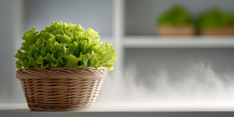 Fresh green lettuce leaves in a woven wicker basket on a white surface with a blurred background and soft natural lighting