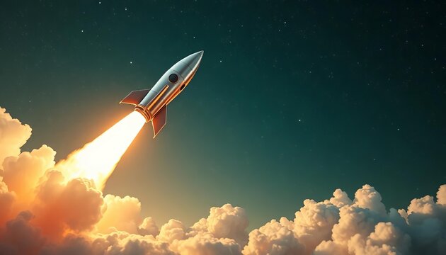 Sleek, silver retro rocket blasts off into starry sky,  propulsion,  voyage