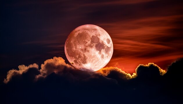 Lunar Eclipse Or Blood Full Moon With Clouds