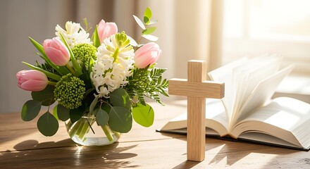 Minimalist wooden cross with fresh spring flowers in sunlight. Christian background for Mother's Day, Easter, spiritual wellness.